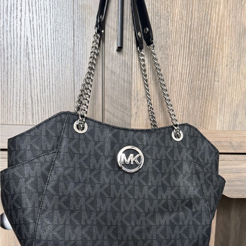 Michael Kors Black Shoulder Bag with Signature Monogram and Chain Straps